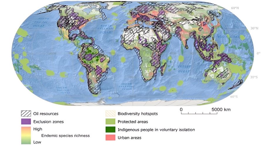 Répartition mondiale des ressources pétrolières conventionnelles non combustibles de première priorité en fonction de leur coïncidence avec des zones présentant des caractéristiques socio-environnementales exceptionnelles