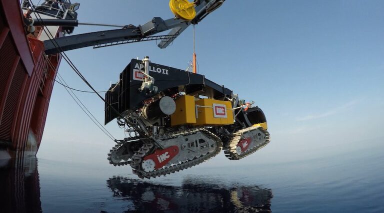 Deployment of Royal IHC's Apollo II pre-prototype nodule collector vehicle from the aft of RV Sarmiento de Gamboa during the 2018 field test in Málaga Bight.